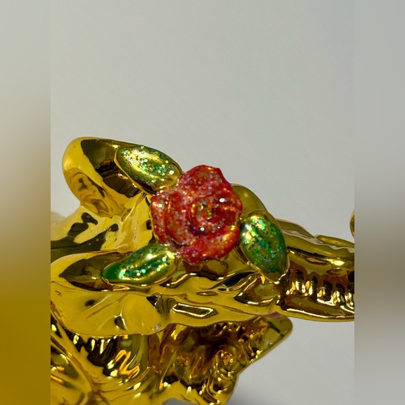 Ceramic Elephant w/Glitter Rose Leaves Figurine Statue Gold Painted Gift Decor - Picture 4 of 7